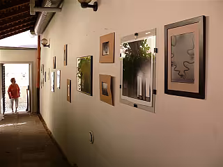 Galerie s různými obrazy a fotografie na růžové zdi, osvětlená přírodním světlem z okna.