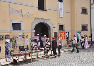 Lidé procházejí kolem stánků a výstavních panelů na nádvoří historické budovy za slunečného dne.