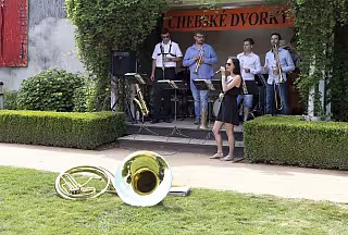 Žena tančí před kapelou hrajicí venku na pódiu, v popředí leží tuba.